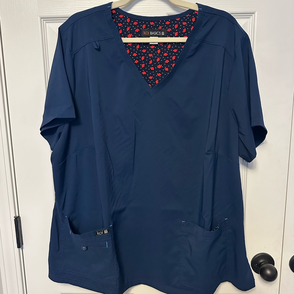 koi Navy V-Neck Scrub Top with Red Heart Lining
